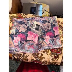 Veronz Plaid Scarf & Made in Italy Floral Rose Scarf Bundle 2 Piece Set Pink Tan